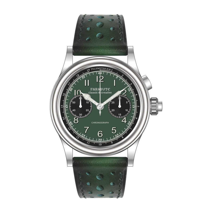 FARASUTE Chronograph, Handaufzug, Edelstahl, Leder, Herren, Grün - Bild 3