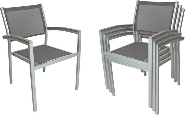 DELUKE Gartenstuhl Sarah 4er Set in Grau, stapelbare Outdoor Essstühle aus Kunststoff und Textilene mit Armlehnen - Bild 1