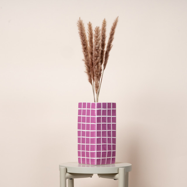 Keramikvase BLUME2000 in Fliesenoptik und Retro-Stil, Farbe: Pink, Höhe: 11,0 cm, Durchmesser: 11,0 cm - Bild 1