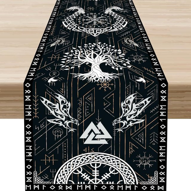 JMG Household Supplies Tischläufer aus Leinen in Schwarz mit Wikinger Motiv Baum und Rabe, B/L: 33 x 150 cm - Bild 1