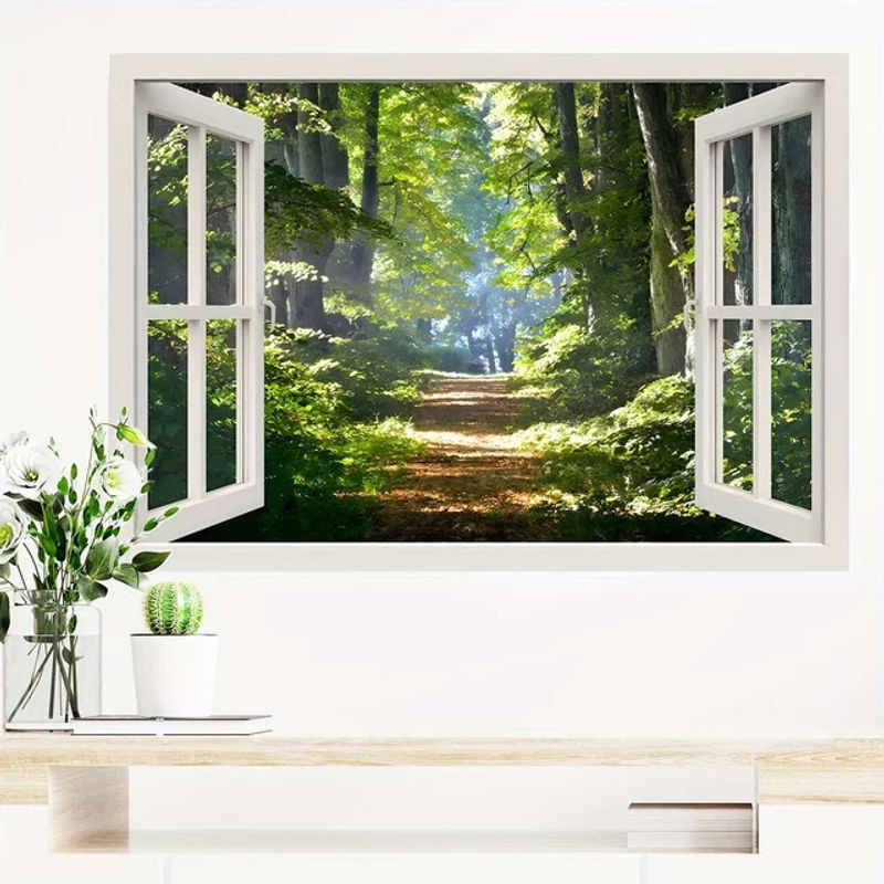 BRUP Kunst-Wandaufkleber mit Wald-Motiv und Fenster-Effekt, mehrfarbig, rechteckig - Bild 1