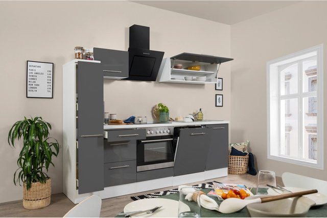 Respekta Premium Küchenzeile modern in Grau Hochglanz-Weiß mit Soft-Close-Türen und internen Schubladen, B/T/H: 250 x 60 x 200 cm - Bild 1
