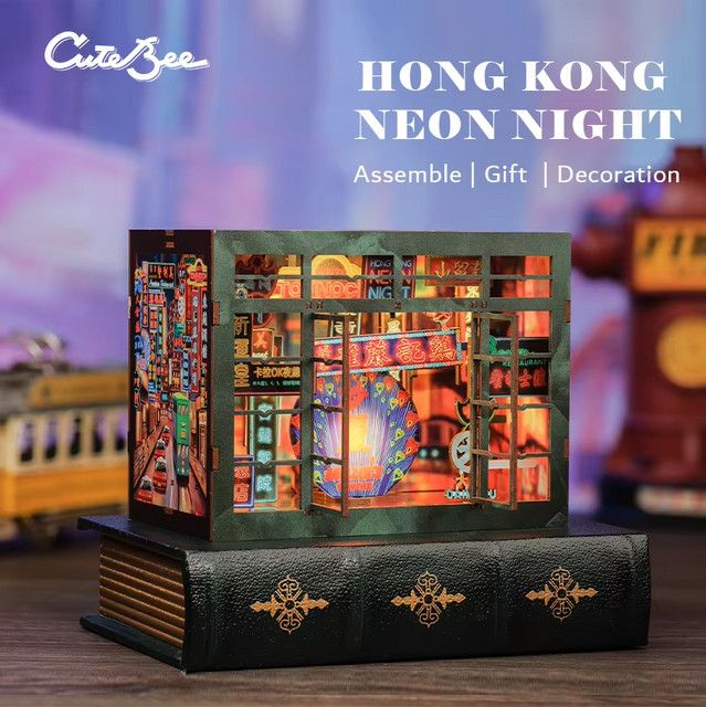 CUTEBEE DIY-Puppenhaus-Set Hong Kong Night als 3D-Buchstütze aus Holz mit LED-Licht, Multicolor - Bild 1
