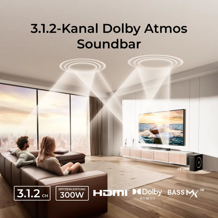 ULTIMEA Skywave F30 Soundbar 3.1.2ch mit 300 W Dolby Atmos und kabelgebundenem Subwoofer, Schwarz