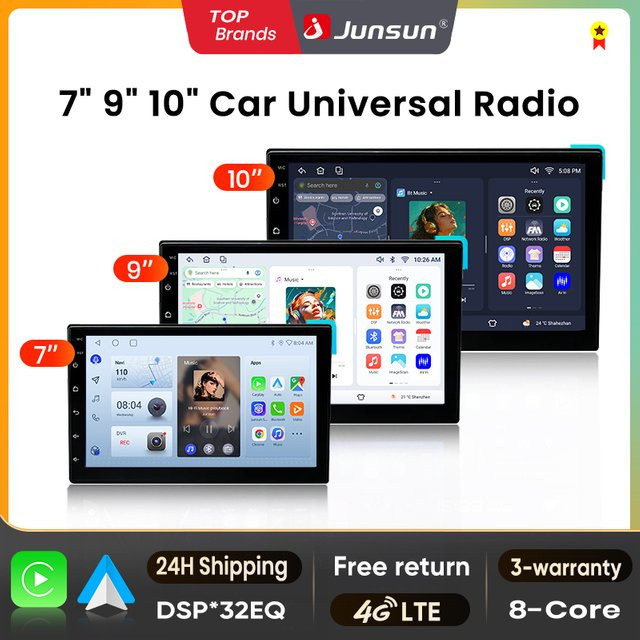 Junsun Universelles Autoradio mit 4G WIFI und IPS-Bildschirm für Android Auto und kabelloses CarPlay, 8-Kern Multimedia-Player in Schwarz - Bild 1