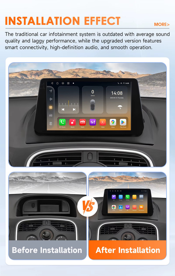 Hizpo 2Din Android 14 Auto-Multimedia-Player für Renault Kangoo 2009–2018 mit CarPlay, Android Auto und 360Cam, Snapdragon 6115, Schwarz - Bild 2