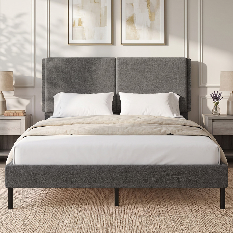 HOMCOM Doppelbett mit gepolstertem Leinenbezug und verstellbarem Kopfteil in Grau, B/T: 140 x 190 cm, inklusive Lattenrost und Stauraum unter dem Bettrahmen - Bild 2
