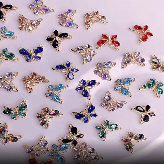 10Stk Schmetterling Nagel Charms, 3D Zirkon Kristall, Gold Metall, 14x10mm - Bild 1