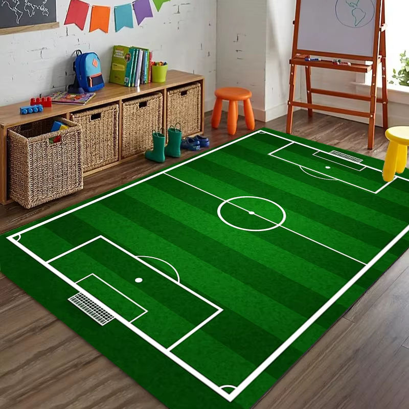 Rutschfester Spielteppich für Kinder von Potdemiel mit Sportmotiven wie Rennstrecke, Basketballplatz und Fußballfeld in Grün - Bild 2