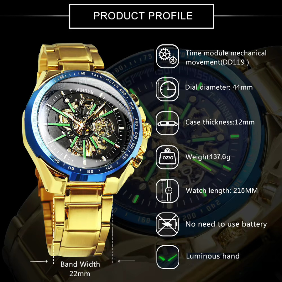 WINNER Armbanduhr Automatik, Gold, Edelstahlarmband, Herren - Bild 4