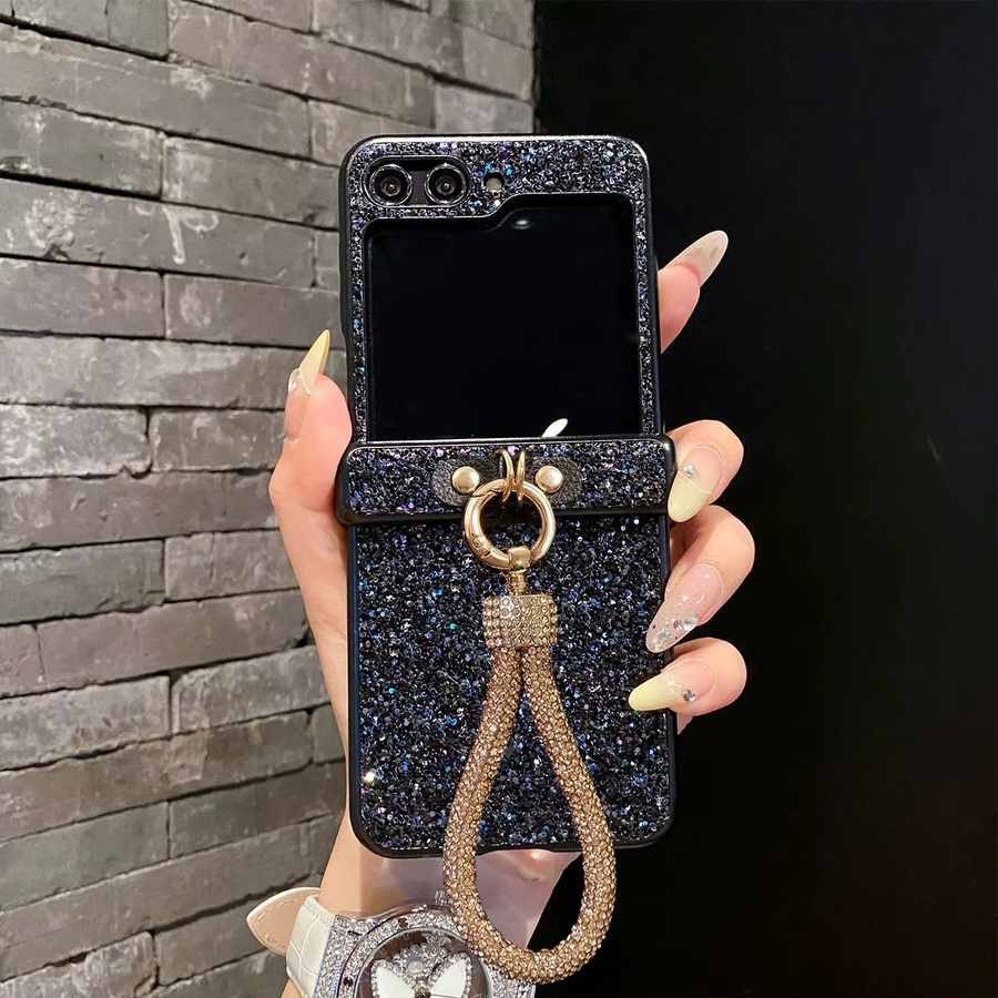 Glänzende Kunstdiamant-Strass-Handyhülle mit Schlüsselband für Samsung Galaxy Z Flip (Modelle: 3, 4, 5, 6, 7, 8, FE) in Schwarz - Bild 2