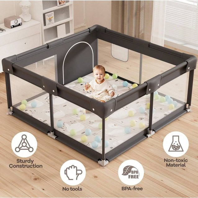MC STAR Babybox mit Matte, Laufstall aus Oxford-Gewebe in Grau, B/T: 120 x 120 cm - Bild 1