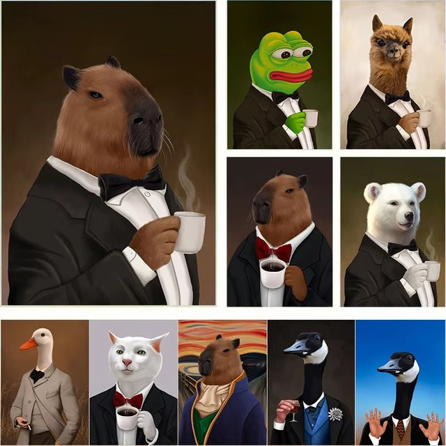 Potdemiel Leinwand Wandkunst mit Capybara im Business-Anzug und Ente beim Kaffeetrinken, Mehrfarbig, Modernes Poster für dein Wohnzimmer - Bild 1