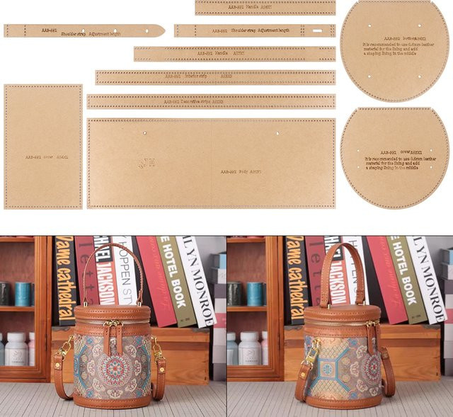 QJH DIY Leder Handarbeit Nähvorlage für runde eimerförmige Handtaschen und Schultertaschen, beige, 1 Set - Bild 1