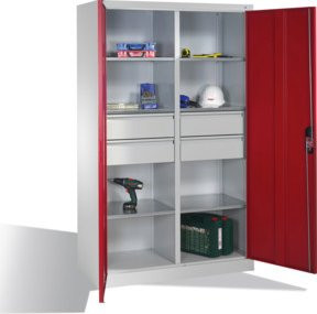 C+P Werkzeugschrank mit Drehtüren, 6 Böden und 4 Schubladen, Farbe Rubinrot und Lichtgrau, H x B x T: 195 x 120 x 50 cm - Bild 1