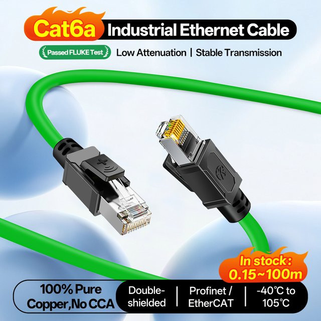BYXGD CAT6a Industrielles Ethernet-LAN-Kabel mit RJ45-Stecker, Hochflexibel, Reines Kupfer, Vergoldet, 26AWG, Doppelt Abgeschirmt, Grün - Bild 1
