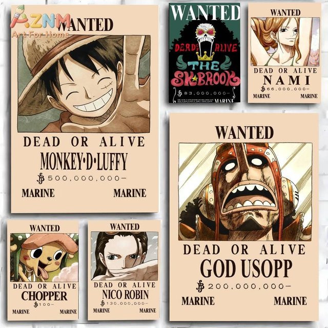Kayou One Piece Wanted Poster Wandkunstdruck aus Leinwand mit Luffy Nami Robin und Brook in Multicolour im Vintage-Stil - Bild 1
