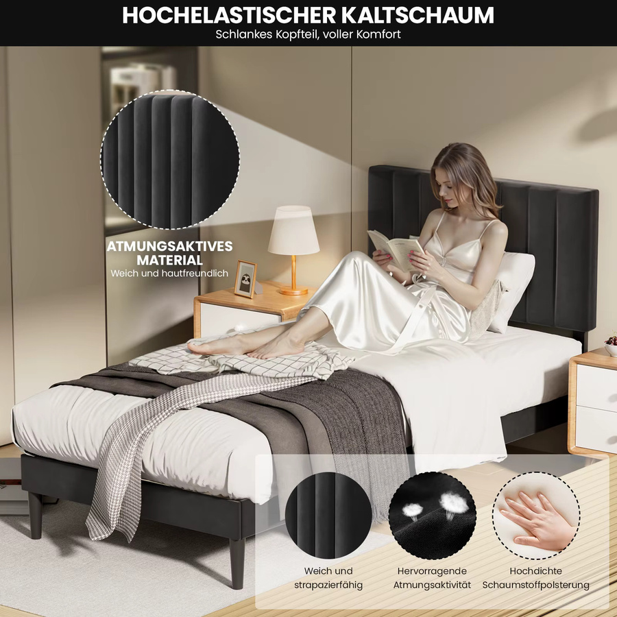 KUTAS Polsterbett Einzelbett mit verstellbarem Kopfteil und Lattenrost in Grauweiß, B/T: 90 x 200 cm - Bild 3