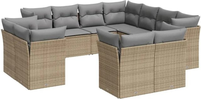 vidaXL 11-tlg Garten-Sofagarnitur in U-Form aus Polyrattan mit Kissen und Stauraum, Beige - Bild 1