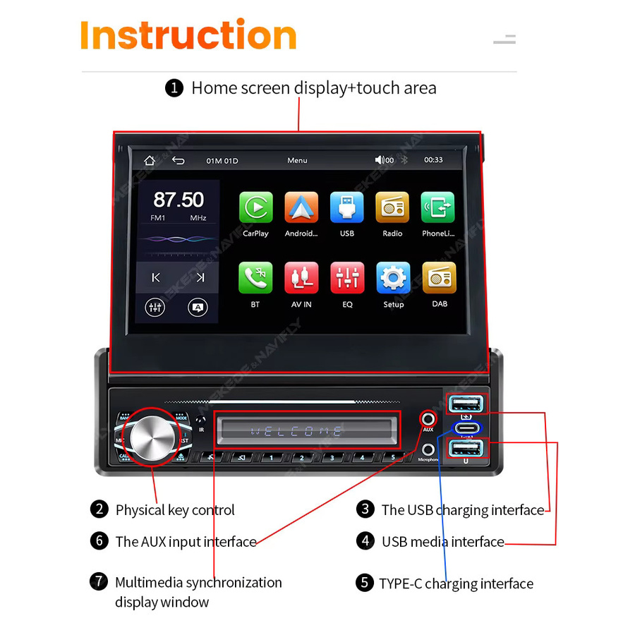 NAVIFANS Multimedia Autoradio mit 7 Zoll HD Touchscreen, DAB, Carplay, Android Auto und MirrorLink in Schwarz - Bild 3