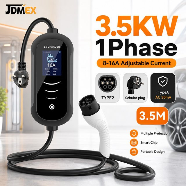 JDMEX Typ2 Tragbares EV-Ladegerät 3,5KW Elektroauto-Ladestation IEC62196-2, 16A 1-Phasen, Einstellbarer Strom 8A-16A, Schwarz - Bild 1