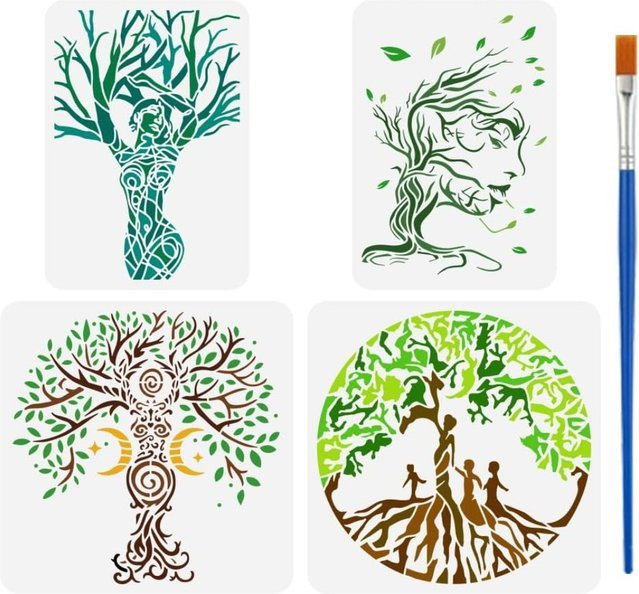 4 Stück Baum des Lebens Zeichenschablonen Set mit Pinsel, Malvorlagen mit Motiven wie Göttinnenbaum, Mond, Stern und Spirale, 2 Größen, aus Kunststoff - Bild 1