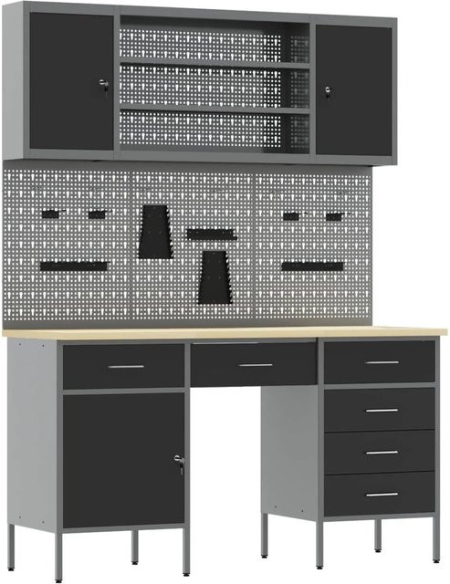 vidaXL Werkbank mit 8 Schubladen und Pegboard aus Holz und Stahl in Schwarz, B: 200 cm, H: 150 cm, T: 65 cm - Bild 1