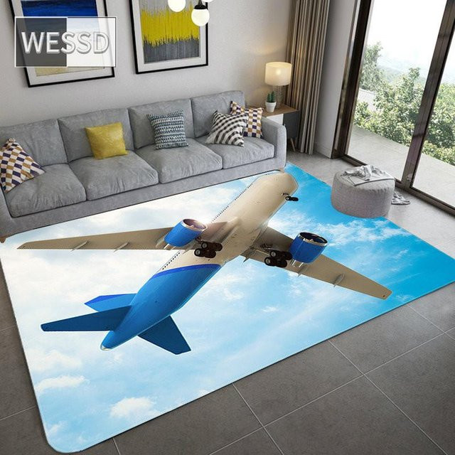 ZZ HOME 3D Flugzeug Teppich aus Flanell in Blau für Kinderzimmer, Wohnzimmer und Schlafzimmer, B x T: 160 x 200 cm - Bild 1