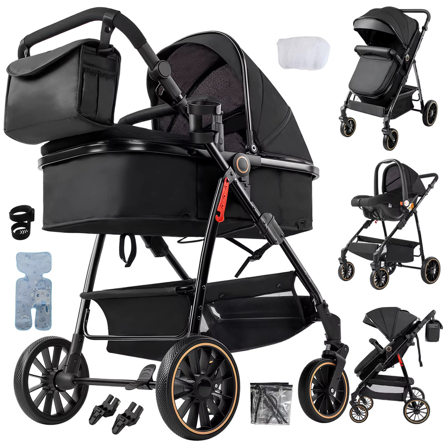 Prokoke 3 in 1 Kinderwagen Reisesystem mit Babywanne in Schwarz, faltbar und mit Federung - Bild 9