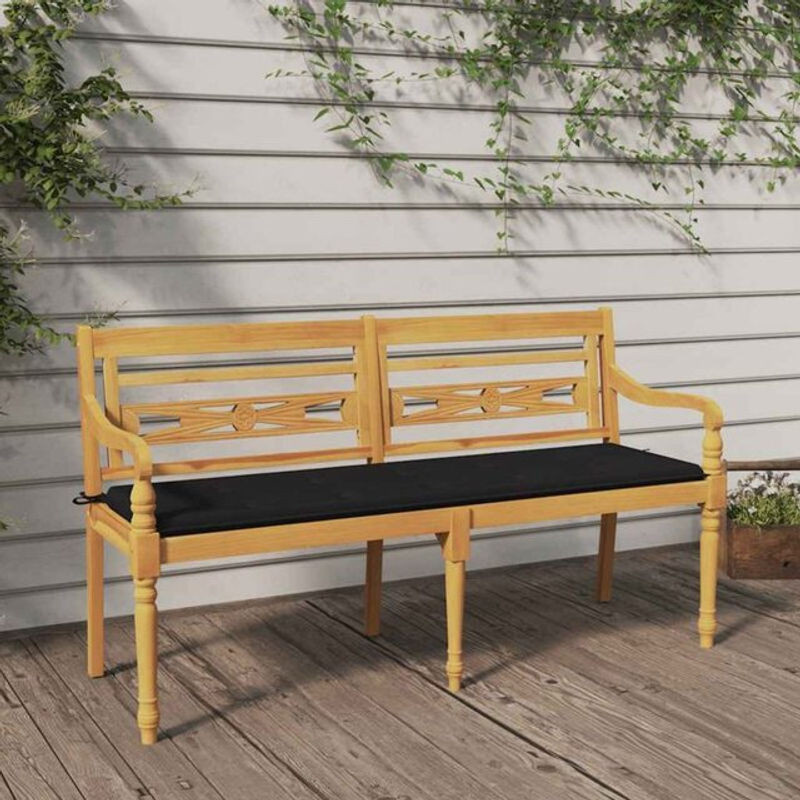 Vidaxl Batavia Bank aus Massivholz Teak mit schwarzen Stoffkissen im Landhausstil, Breite: 150 cm - Bild 1