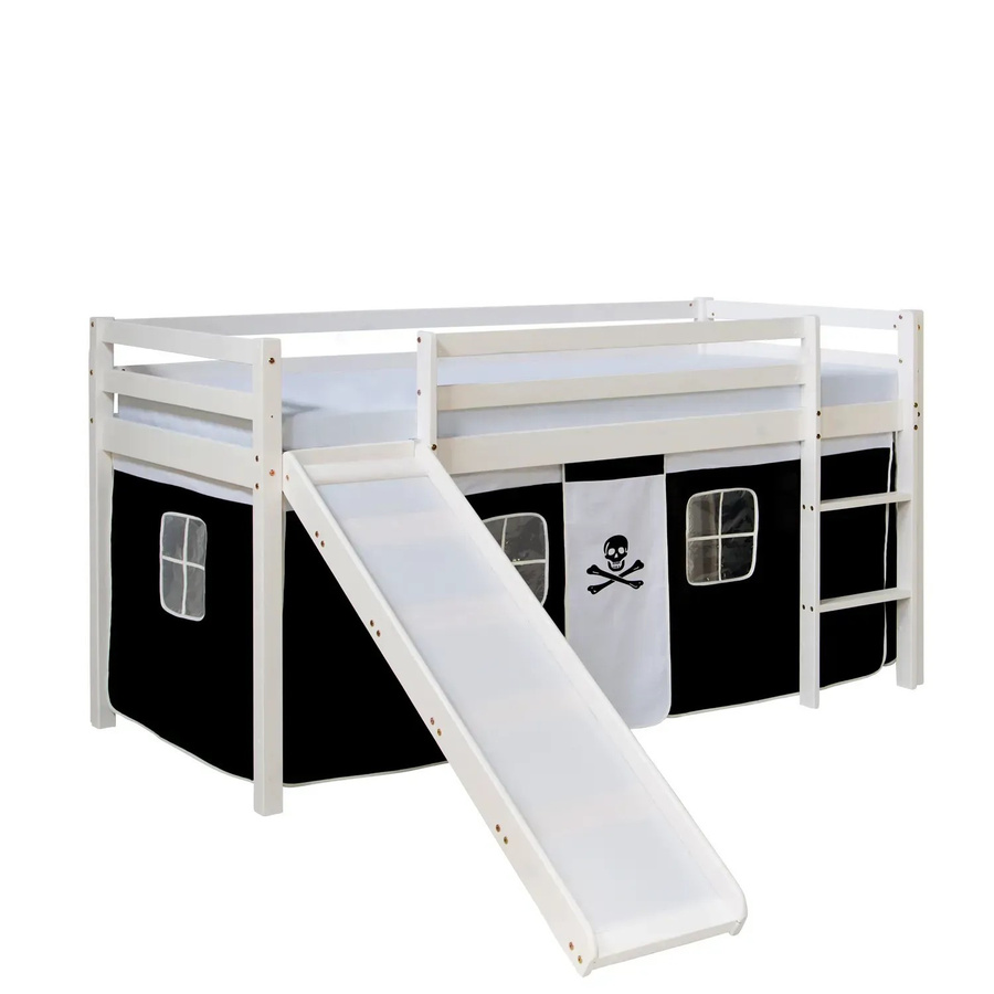 Homestyle4u Kinder Hochbett Pirat aus Kiefernholz mit Rutsche, Vorhang und Matratze, Farbe Weiß, B/T/H: 207,5 x 96,5 x 150 cm (ca.) - Bild 2