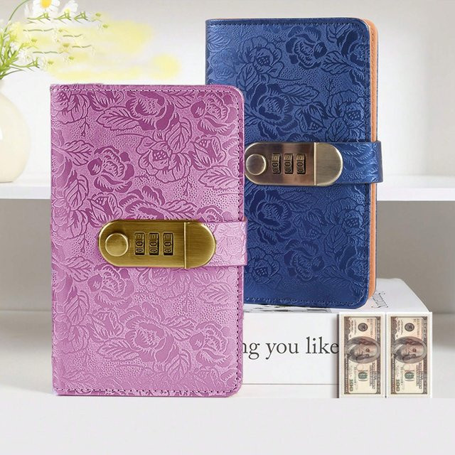Geld-Organizer mit 3-stelligem Passwortschloss und Blumenprägung in Blau und Lila mit transparenten Taschen - Bild 1