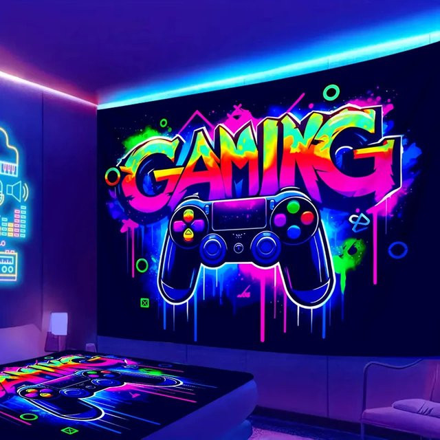 VIKAMA Spielkonsolen Wandteppich im Neon-Cyberpunk-Stil, Wanddekoration für Jungenzimmer und Computerräume, Mehrfarbig, Breite: 90 cm, Höhe: 60 cm - Bild 1
