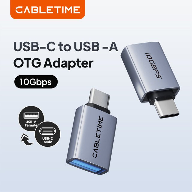 CABLETIME USB auf Typ-C OTG Adapter Gen 2 für Hochgeschwindigkeits-Datenübertragung mit 10Gbps, USB-C Stecker auf USB-A Buchse - Bild 1