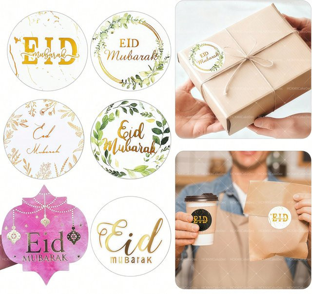 120 Stück Eid Mubarak Heißpräge-Aufkleber in Gold und Grün mit Blatt-Design für deine Geschenkverpackung und Partydekoration - Bild 1
