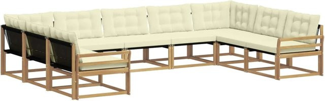 vidaXL Outdoor-Sofagarnitur 9-teilig in U-Form aus Akazienholz mit Textilene und Kissen in Weiß und Creme - Bild 1