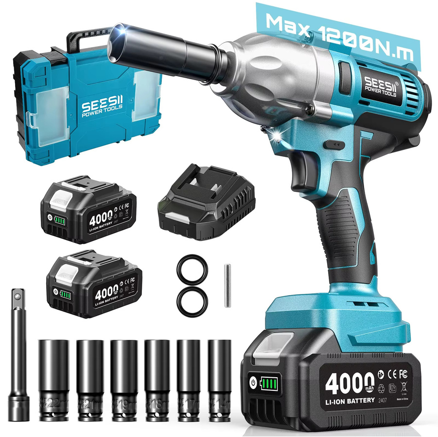 Seesii Kabelloser Bürstenloser Schlagschrauber Kit mit 1/2 Zoll Aufnahme, 1200N.m Hochdrehmoment, Blau, inklusive 4,0Ah Akku und 6 Steckschlüsseln - Bild 2