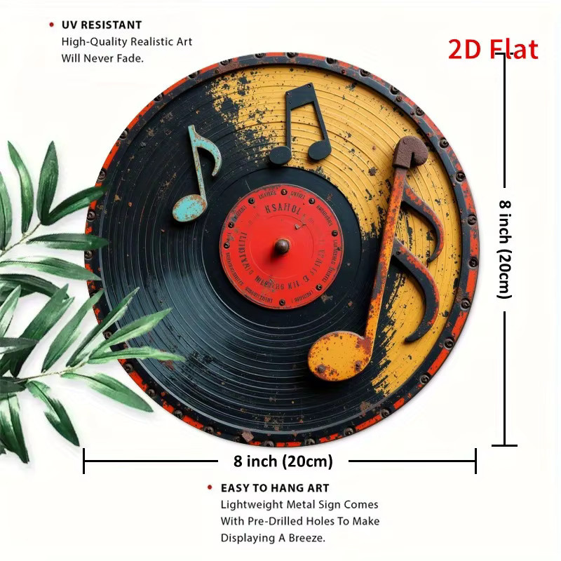 Potdemiel Vintage-Schallplatten-Kranzschild aus Eisen, runde Wanddekoration mit Musiknoten in Multicolour, Durchmesser: 20 cm - Bild 2