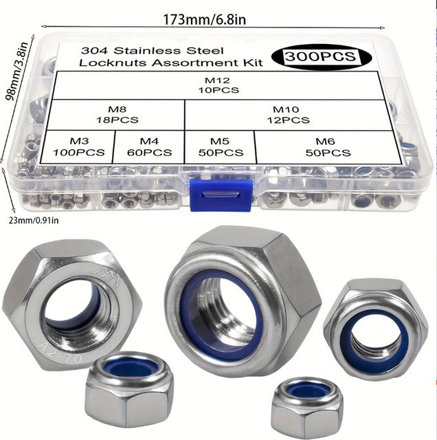 AGASHE Sicherungsmuttern Set 300-teilig aus Edelstahl und Nylon, poliert, Vollgewindeabdeckung, Sechskantantrieb, Rechtsgewinde, Größe M3 - Bild 1