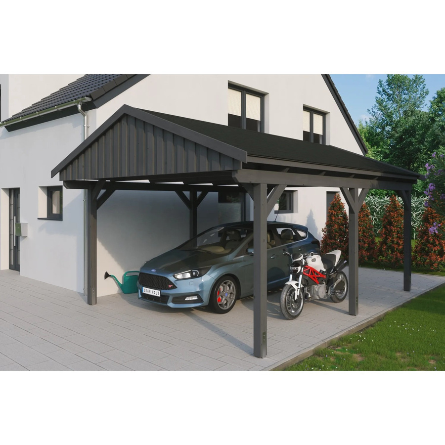 Skan Holz Carport Fichtelberg aus Fichte Leimholz in Schiefergrau mit spitzer Dachform und Dachschindeln B/T: 423 x 566 cm, Höhe: 326 cm - Bild 2