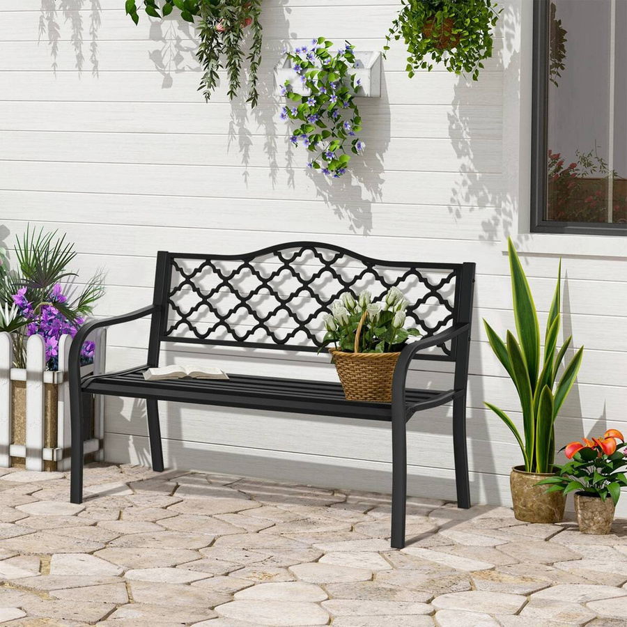 Outsunny Gartenbank im Vintage-Stil mit Karo Design aus Gusseisen und Stahl, Schwarz, B/T/H: 128 x 58,5 x 89 cm - Bild 3
