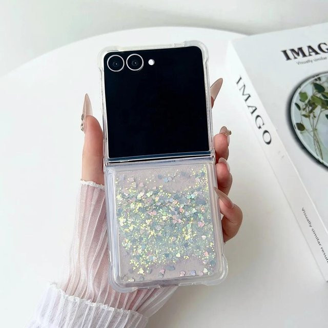 Glitzer Sanduhr Herz Schutzhülle für Samsung Galaxy Z Flip 7 6 4 3, Bunte Bling Stoßfeste Koreanische Hülle, Mehrfarbig und Transparent - Bild 1