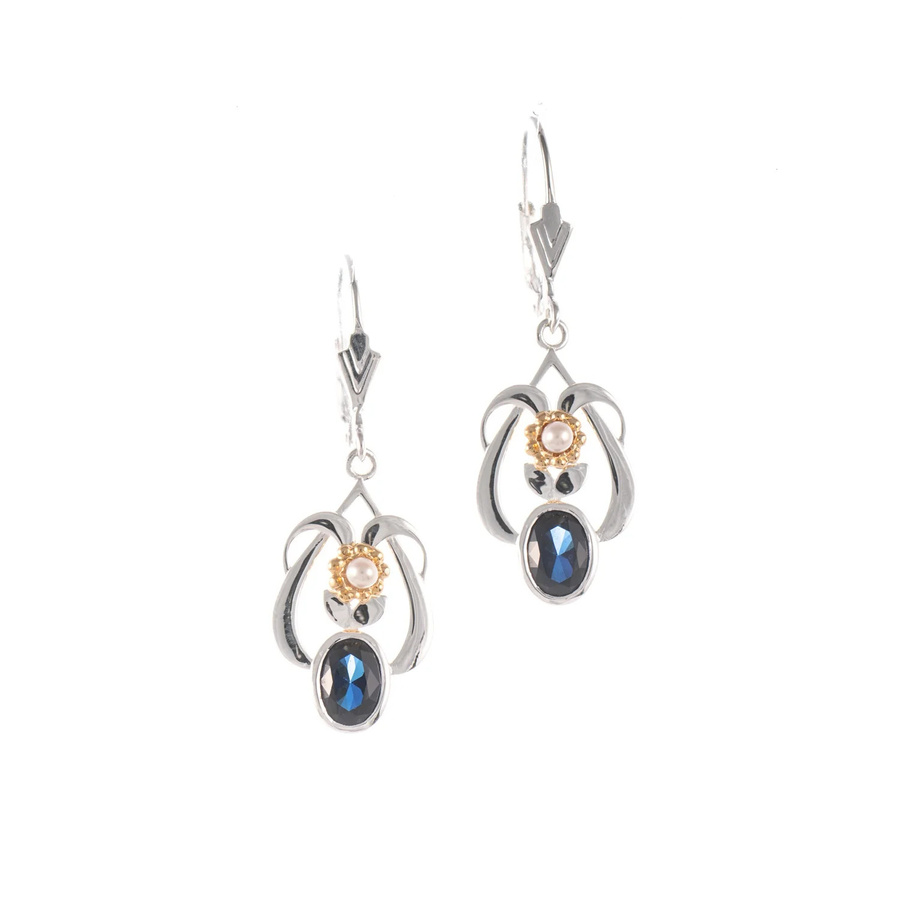 Ohrringe 925 Silber, teilvergoldet, Zirkonia blau, Perle, Damen - Bild 1