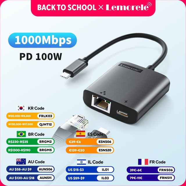 Lemorele TC35 2-in-1 USB-C Dockingstation mit RJ45 Gigabit Ethernet und PD100W Schnellladung, Grau - Bild 1