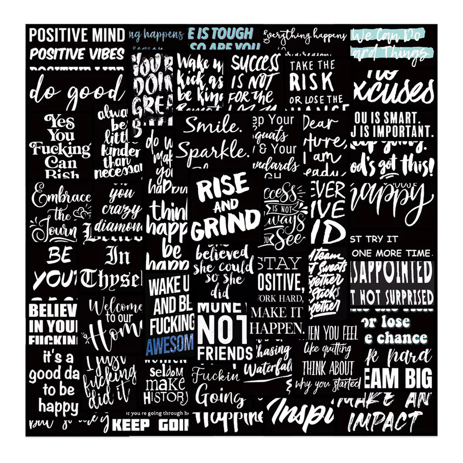 61 Stück inspirierende englische Spruch-Aufkleber in Schwarz und Weiß von Story Store für Laptop, Fahrrad, Gitarre und Skateboard - Bild 2