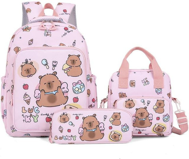 Fancy Style Studio Capybara Schultaschen-Set für Mädchen in Weiß und Pink mit Rucksack und Büchertasche - Bild 1