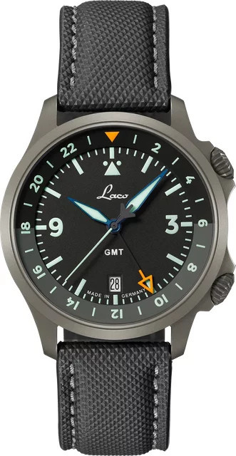 Laco Fliegeruhr Frankfurt 40 GMT, Automatik, Edelstahl, 40 mm, Leder, Schwarz - Bild 1