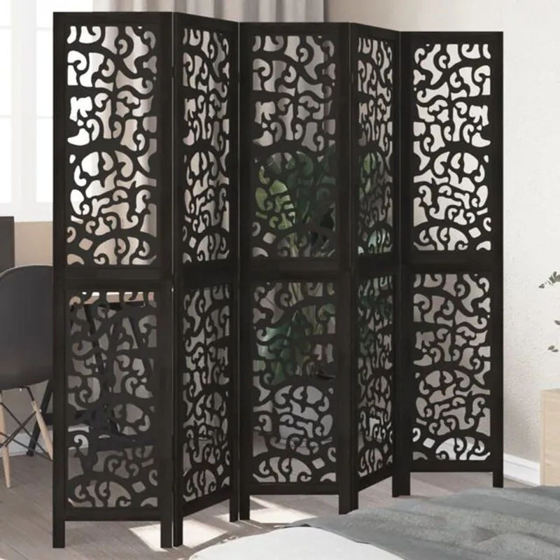 5-tlg. Paravent Vidaxl aus Massivholz Paulownia in Schwarz mit orientalischem Design - Bild 1