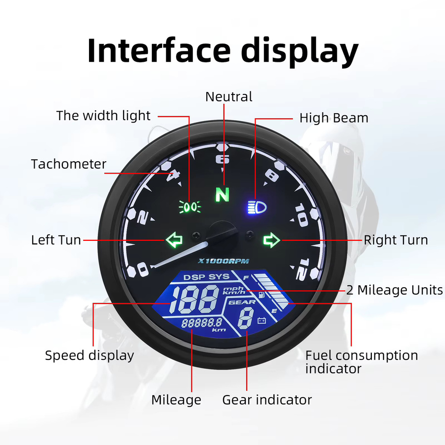RYSJM Universeller Digitaler Motorrad Tachometer mit LCD-Anzeige, 12000RPM Drehzahlmesser und Kilometerzähler für 1-4 Zylinder, Schwarz - Bild 2