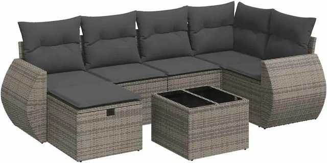 vidaXL 7-teilige Garten-Sofagarnitur in L-Form aus grauem Poly-Rattan mit Kissen und Couchtisch - Bild 1